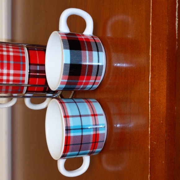 Espresso Cups Small Stack 4 Mini Mugs Tartan Plaid  Tower Stand Coco Lola Nwot - Picture 4 of 5